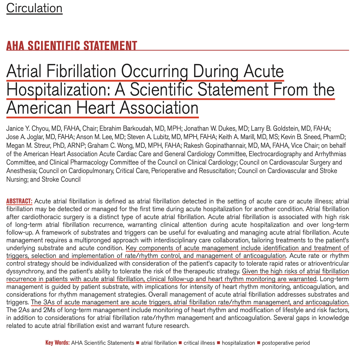 IM_Crit_'s tweet photo. ICU Stories - Atrial fibrillation:

A few days ago, when I came on service, I took care of a 70 yo patient who had been in the ICU for ~15 days. He had been admitted with an intra-abdominal abscess secondary to colonic perforation. He had undergone colectomy and required twice percutaneous drainage of abscesses. His course was complicated by acute kidney injury requiring continuous renal replacement therapy and hypoxemic respiratory failure requiring high-flow nasal cannula and NIV

During his ICU stay, he had developed new-onset atrial fibrillation with rapid ventricular response (heart rates persistently in the 130-150 bpm range). He was largely asymptomatic aside from occasional palpitations but remained on vasopressor support with norepinephrine (0.05-0.15 mcg/kg/min) and vasopressin 0.04 u/min

For more than 5 days, Cardiology, Electrophysiology, and the ICU team had attempted multiple rate-control strategies, including low-dose beta-blockade, amiodarone boluses and infusion, digoxin, and diltiazem boluses and infusion. None achieved adequate rate control, let alone conversion to sinus rhythm. The prevailing concern was that, because the patient remained septic (he had leukocytosis and some worrisome abdominal fluid collections), cardioversion would be unlikely to succeed

Reversible triggers had been addressed: his oxygenation was adequate, his pain was controlled, and his electrolytes were within acceptable limits. However, the persistent tachy-arrhythmia created a practical problem. Each time fluid removal was attempted through CRRT, the heart rate made both the ICU and Nephrology teams very hesitant to proceed. As a result, patient kept accumulating a positive fluid balance day after day, reaching approximately 15 liters positive by the time I first evaluated him

After reviewing his course and reassessing his physiology, I decided that cardioversion was worth attempting. To the surprise (?) of the Cardiology and Electrophysiology teams, synchronized cardioversion with 100 joules restored sinus rhythm. He has remained in sinus rhythm for the past week. The change was clinically meaningful. We were able to discontinue both vasopressors and achieve negative fluid balance each day thereafter

This is, of course, a single case (a N-of-1 study) rather than definitive evidence. But it reinforced an important lesson for me: in Critical Care, “sepsis-related” AF does not always mean “do nothing.” If the rhythm is contributing to shock, organ dysfunction, or blocking essential therapy, a carefully considered rhythm-control attempt may reveal a missed opportunity to help

#foamed #foamcc 

Circulation. 2023;147:e676-e698
DOI: 10.1161/CIR.0000000000001133