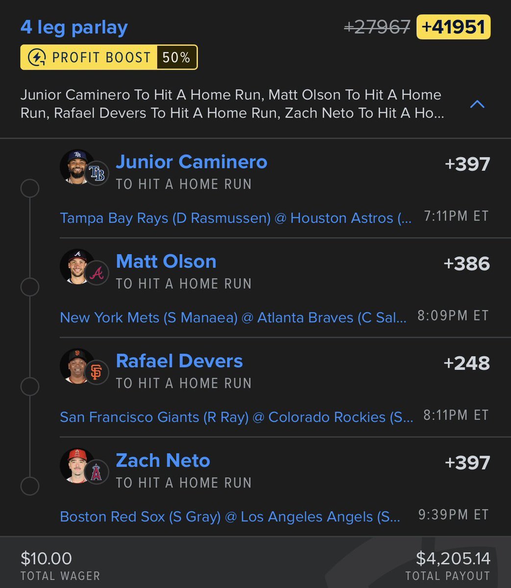 NaderMabroek's tweet photo. This one has me feeling patriotic 😤 🦅 

$10 pays $4,000+

Junior Caminero
Matt Olson
Rafael Devers
Zach Neto

IM SO DIALED IN📞

Need a win? ➡️ Click the Link for more  Secured winning picks  in my Comment

#NBA #fanduel #DraftKings  #NBAProps #prizepicks #GamblingX #picks #MLB https://t.co/FiXQme53a3