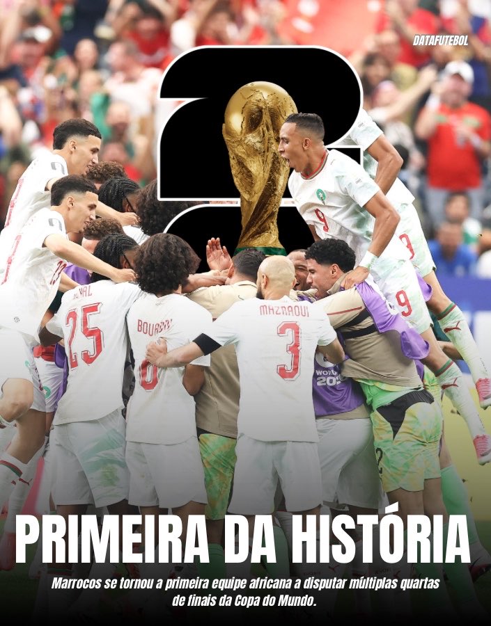 DataFutebol's tweet photo. Camarões (1990)
Senegal (2002)
Gana (2010)
Marrocos (2022)
Marrocos (2026)

Marrocos se tornou a primeira equipe africana na HISTÓRIA a chegar nas quartas de finais da Copa do Mundo duas vezes! 👏🇲🇦 https://t.co/YKxBjMoVjC
