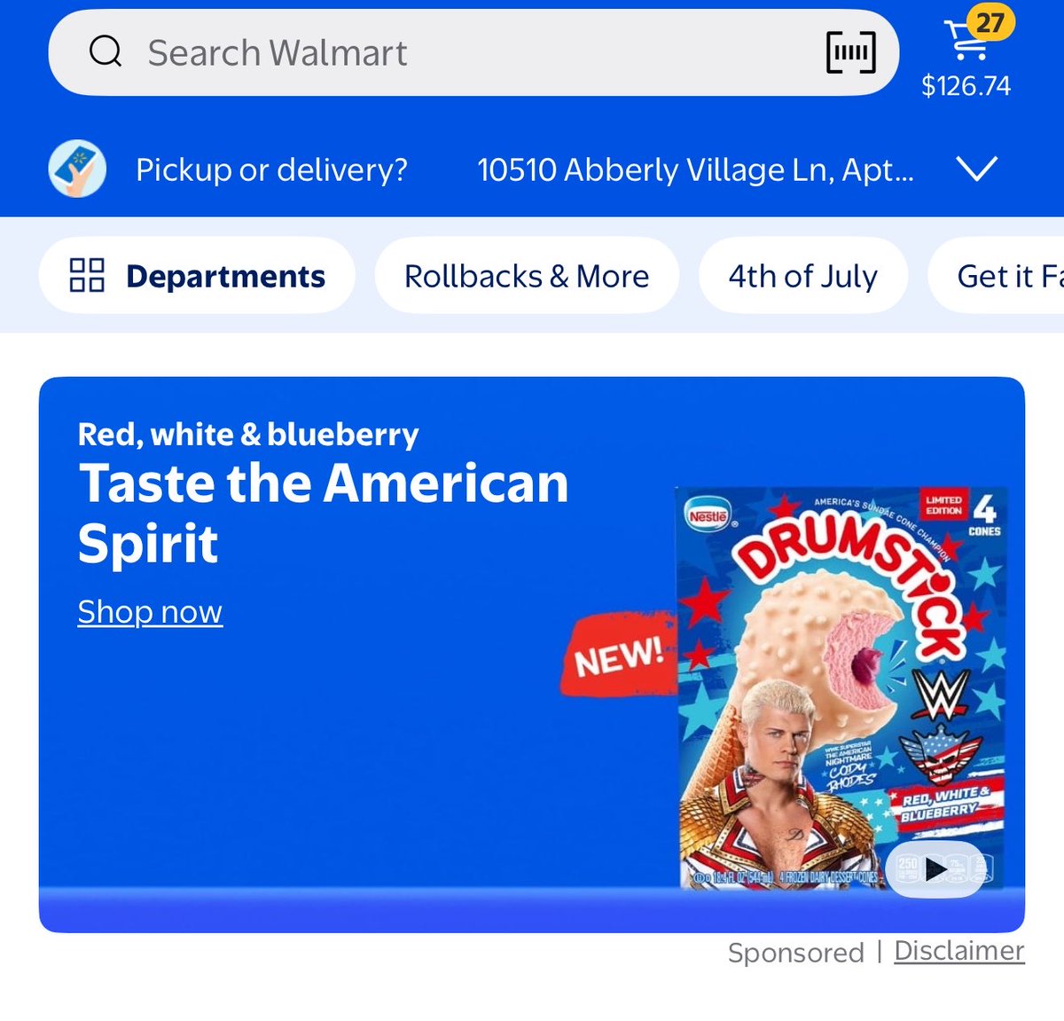wrestlebelle's tweet photo. @CodyRhodes being on Walmarts homepage 👏🏻 time for a Cody Fourth of July @Drumstick https://t.co/uBG82szPES