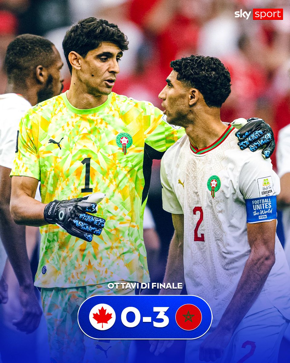 SkySport's tweet photo. 𝐈𝐥 𝐌𝐚𝐫𝐨𝐜𝐜𝐨 𝐬𝐮𝐩𝐞𝐫𝐚 𝐢𝐥 𝐂𝐚𝐧𝐚𝐝𝐚 𝐞 𝐜𝐨𝐧𝐪𝐮𝐢𝐬𝐭𝐚 𝐢 𝐐𝐔𝐀𝐑𝐓𝐈 𝐃𝐈 𝐅𝐈𝐍𝐀𝐋𝐄 𝐩𝐞𝐫 𝐢𝐥 𝐬𝐞𝐜𝐨𝐧𝐝𝐨 𝐌𝐨𝐧𝐝𝐢𝐚𝐥𝐞 𝐜𝐨𝐧𝐬𝐞𝐜𝐮𝐭𝐢𝐯𝐨 ✅🇲🇦

Decide la DOPPIETTA di Azzedine Ounahi e il gol nel finale di Rahimi, ma il Canada esce tra gli applausi

🏟️ #CanadaMarocco 0-3
#SkySport #FifaWC2026 #Marocco