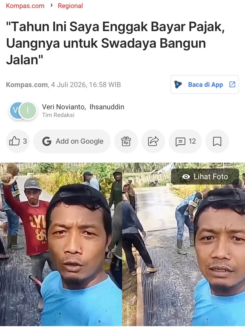 txtdrimedia's tweet photo. warga blak-blakan ga rela lagi bayar pajak ke pemerintah

"tahun ini saya ga bayar pajak. uangnya dialihkan iuran benerin jalan, saya belikan semen"

"nunggu dari pemerintah lama, udh rusak parah. inisiatif dari masyarakat, jadi bangun sendiri ajalah" https://t.co/detjTr1707