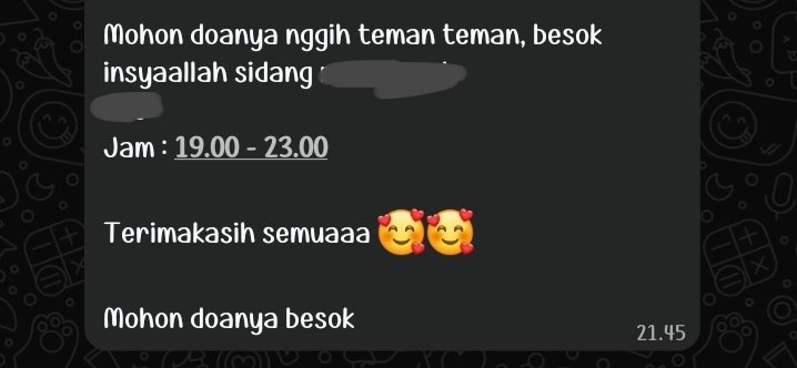 urfwendz's tweet photo. jadi bbrp pekan terakhir semua orang gedebag gedebug ngejar sidang, nah ada satu temenku yg ngechat kek gini,
JUJUR AWALNYA KIRAIN DIA SARKAS DOANG?? TAUNYA BENERAN MALEM, SIDANGNYA ONLINE, KARENA SETELAH JAM 00.00 UDH HARUS BAYAR UKT

GOKIL SALUT SAMA DOSEN FAKULTASKU YG MEMPERJUANGKAN MAHASISWANYA 😭🫰🏻

disclaimer hari itu dr pagi, siang, sore udah ada yg sidang juga btw di kampus, beneran pure dosennya pengen memperjuangkan mahasiswanya biar ga bayar UKT ke-9 cuma buat sidang, ga kebayang secapek apa dosennya