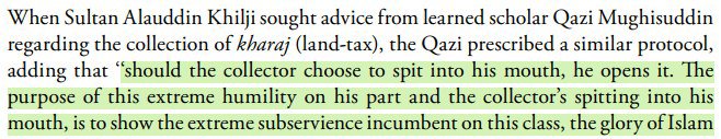 SagasofBharat's tweet photo. When Sultan Alauddin Khilji sought advice from Qazi Mughisuddin regarding tax collection he was advised:

Should the tax collector choose to spit inside the mouth of the dhimmi, he opens it. 

This is to assert power of Muslims over Non-Muslims n show them as subservient. https://t.co/xFfWBzTcRp