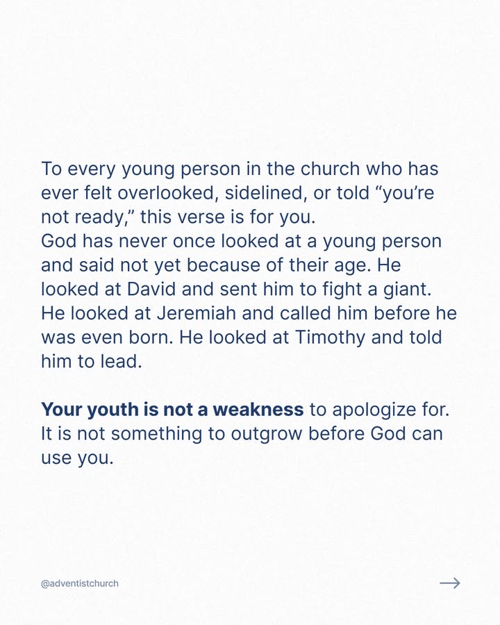 adventistchurch's tweet photo. The church needs young people who are bold enough to lead and humble enough to be led.
To the leaders, the young people in your church are not a threat to your legacy. They are your legacy. Make room for them, mentor them, pray for them, and trust the process you started. https://t.co/lmVaL3Tl81
