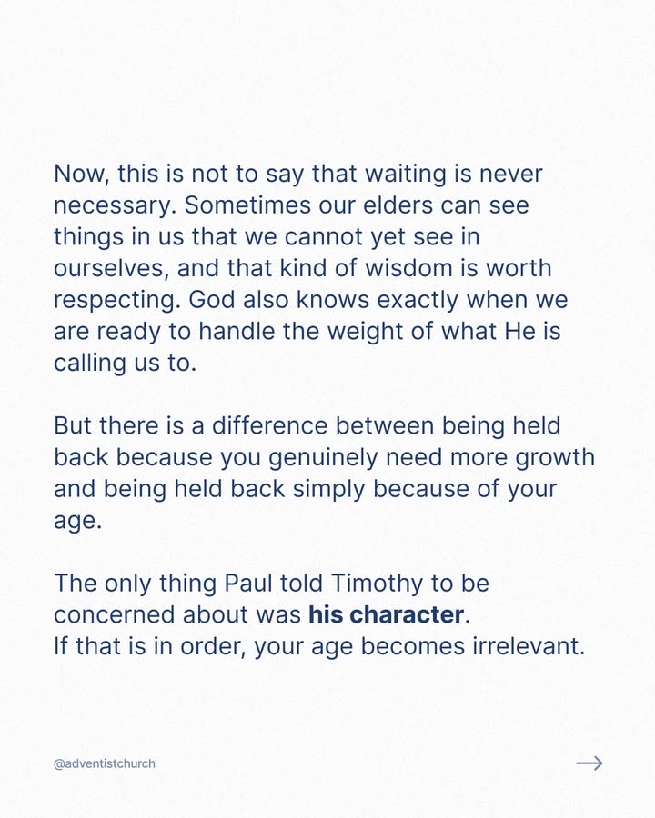 adventistchurch's tweet photo. The church needs young people who are bold enough to lead and humble enough to be led.
To the leaders, the young people in your church are not a threat to your legacy. They are your legacy. Make room for them, mentor them, pray for them, and trust the process you started. https://t.co/lmVaL3Tl81