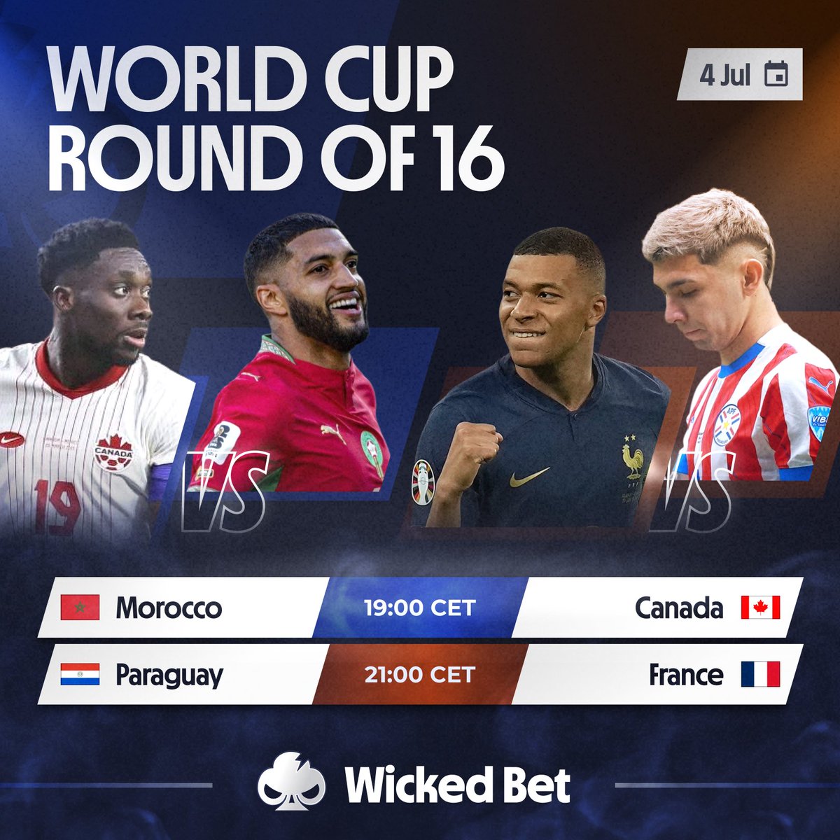 WickedCasino's tweet photo. The World Cup Round of 16 🔥

Can Morocco continue their incredible run? Can Paraguay pull off another shock after stunning Germany? Or will France remind everyone why they're among the tournament favorites? ⚽

Place your bets!
https://t.co/TgyjZjmjIZ https://t.co/qIylPdobrF