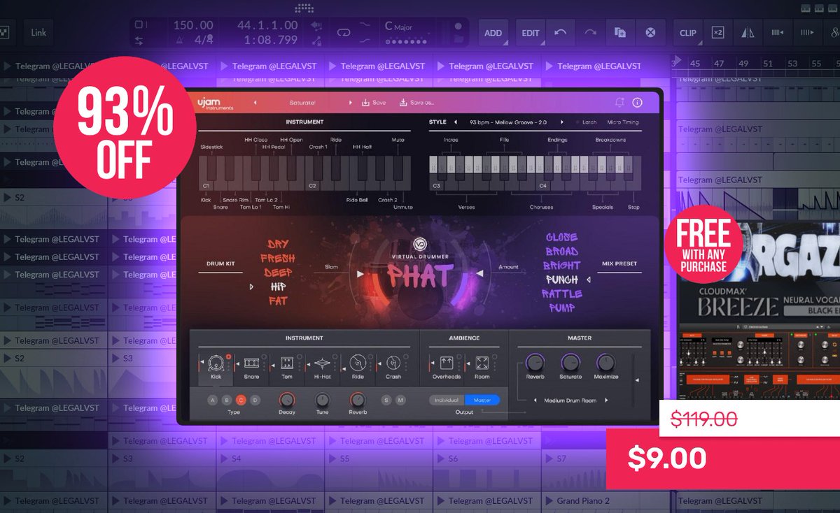LEGAL_VST's tweet photo. PHAT 2 by UJAM ποΈ
Hip-hop/funk virtual drummer, 60 styles, 1380 patterns, drag-n-drop, saturation + maximizer
π» Mac/Win (VST2/AU)
π° $9.00 (reg. $119) until 08 July
π https://t.co/VBTpjLujpP
#ujam #drumplugin #hiphop #funk #beatmaking #saturation #maximizer #musicproduction https://t.co/eow1t2OEjz