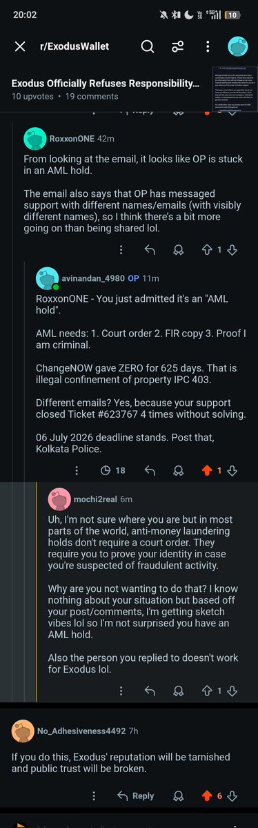 ASP4980's tweet photo. Reddit Update: 
1. User admits it's "AML hold" = ChangeNOW confession 
2. I did KYC 625 days ago. Still no refund. 
3. EU/India law: 180 days max limit crossed 3x

@ChangeNOW_io @jprichardson 48 hours left. https://t.co/jp8JHvk1NF
