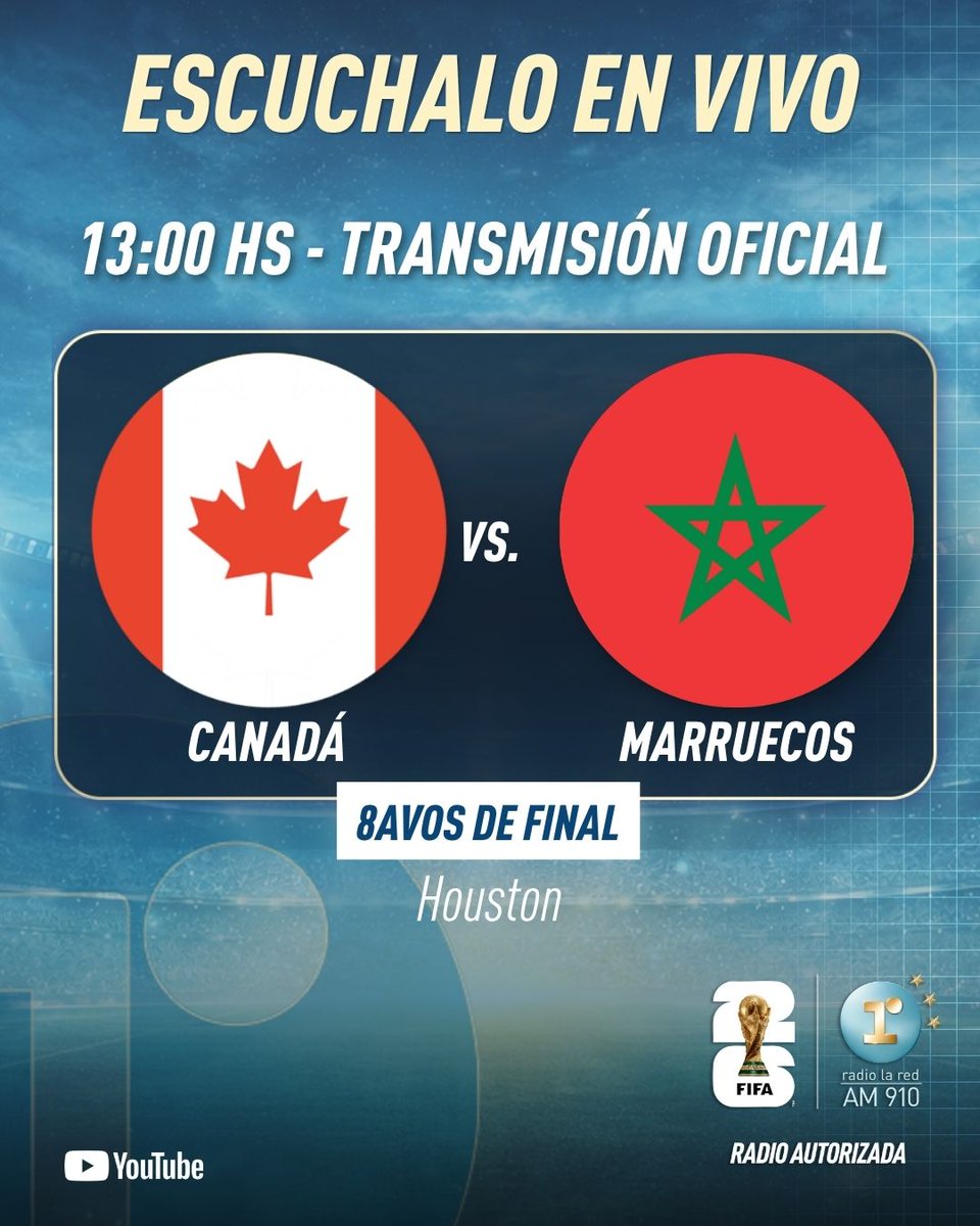 radiolared's tweet photo. 🏆 ¡CONTINUA LA COPA DEL MUNDO Y LO VAS A VIVIR EN RADIO LA RED!

Hoy desde las 13.00hs transmitiremos Canadá vs. Marruecos

Con relatos de @palaciosmatias  y @Louzandiego 

🎧 AM 910
📱 APP: La Red
🖥️ https://t.co/AuI07f8u0b
▶️ YouTube: Radio La Red https://t.co/ESQ6g0NAit