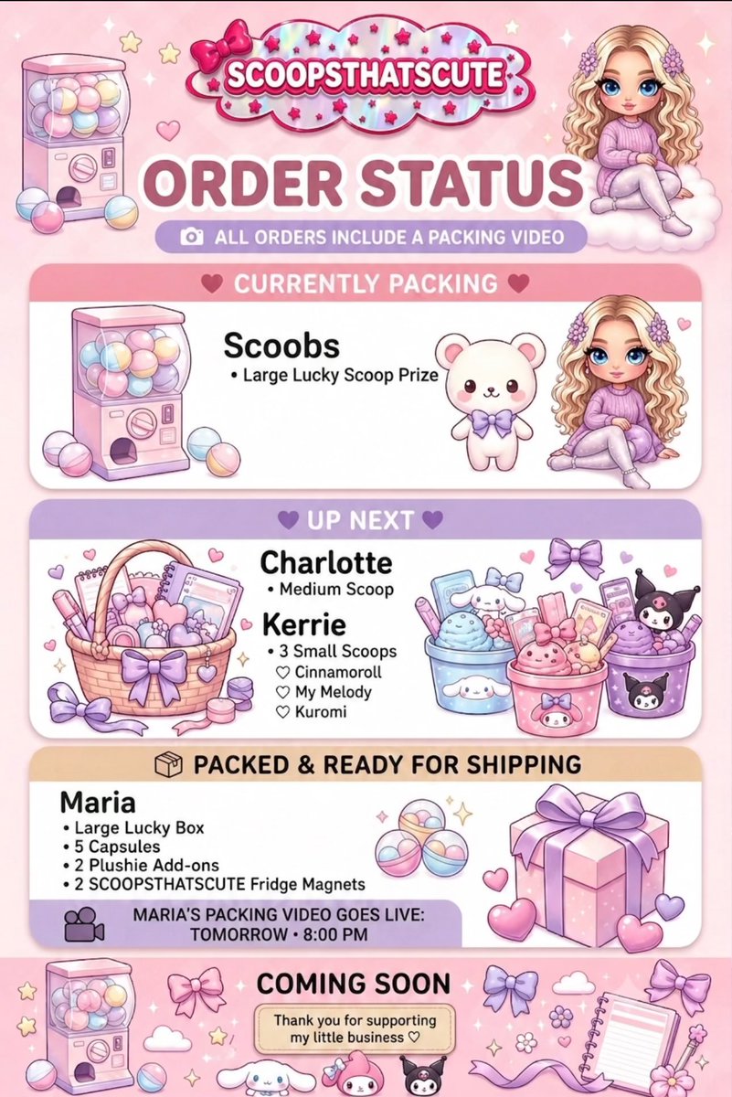 SCOOPSTHATSCUTE's tweet photo. 📦 Order board update! 🩷

Currently packing: Scoobs’ Large Lucky Scoop Prize 🎉

Up next:
✨ Charlotte
✨ Kerrie

Maria’s order is packed &amp; her packing video premieres tomorrow at 8pm! 🥹💕

Thanks for supporting my little business! 🩷 https://t.co/vmx20fBFy1