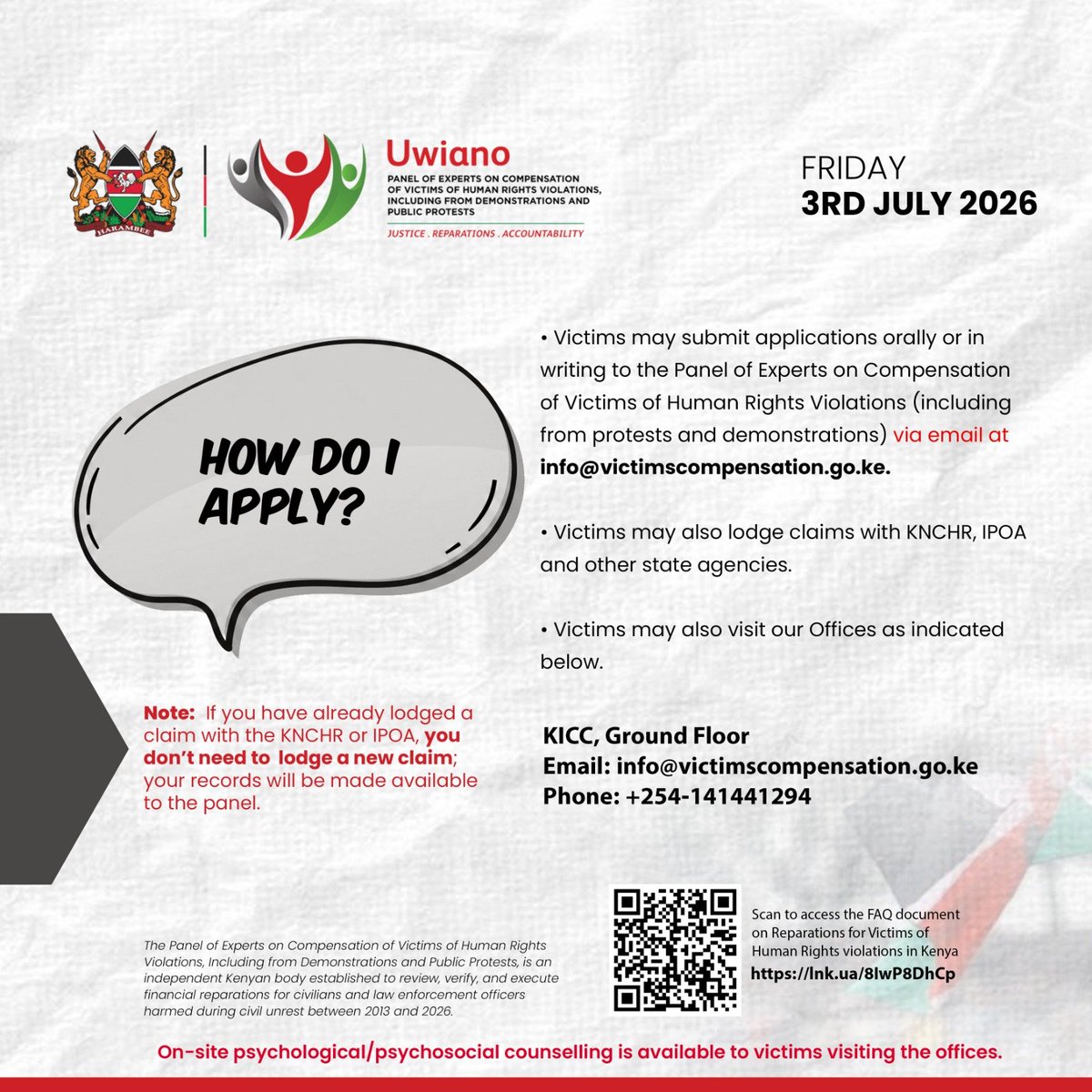 JosephMasta2's tweet photo. Are you a victim of human rights violations? The #VictimsCompensation commissi is receiving claims from eligible victims to facilitate compensation.
Submit your claim by visiting the Panel of Experts' offices at KICC Ground Flr.
Contact through info@victimscompensation.go.ke https://t.co/FJYNXtVte3