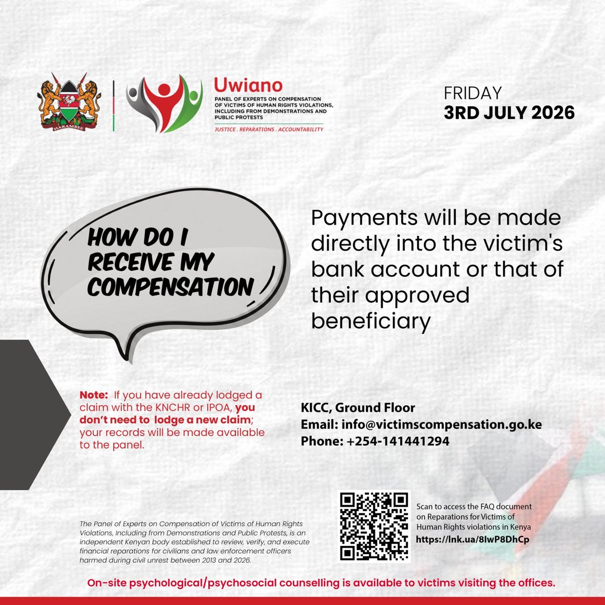 JosephMasta2's tweet photo. Are you a victim of human rights violations? The #VictimsCompensation commissi is receiving claims from eligible victims to facilitate compensation.
Submit your claim by visiting the Panel of Experts' offices at KICC Ground Flr.
Contact through info@victimscompensation.go.ke https://t.co/FJYNXtVte3