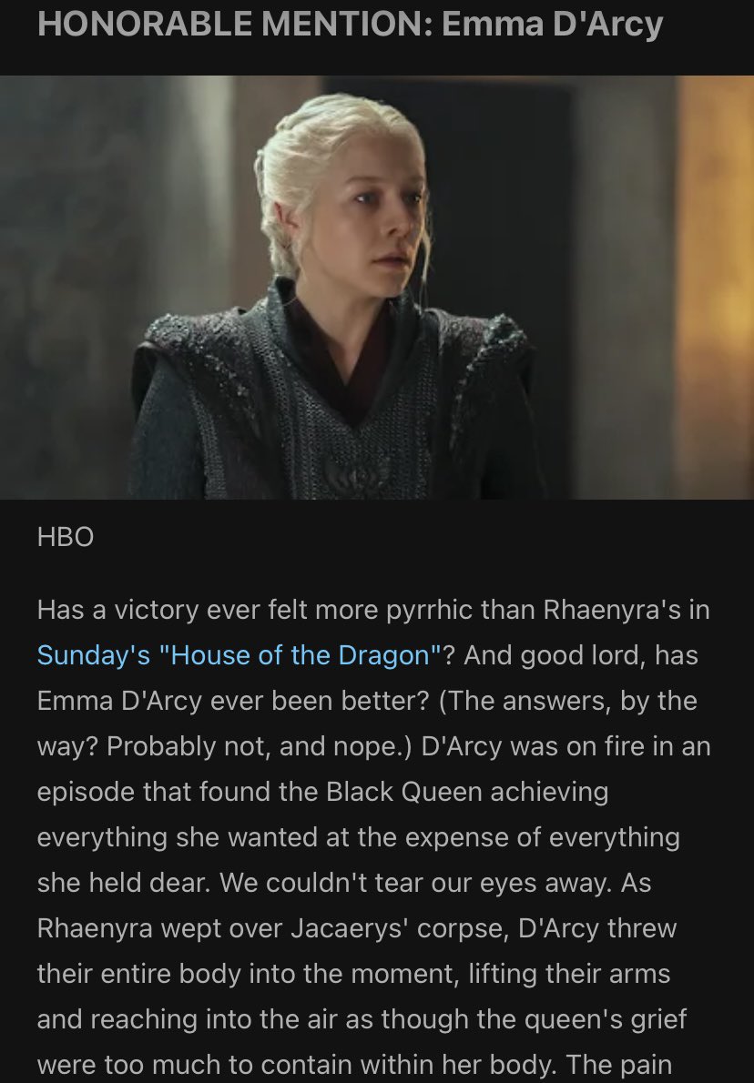 emmadarcydaily's tweet photo. emma d’arcy has been named an honorable mention by TVLine for their performance as queen rhaenyra targaryen in ‘house of the dragon’ season 3 episode 2! https://t.co/MJJCJD4UY8