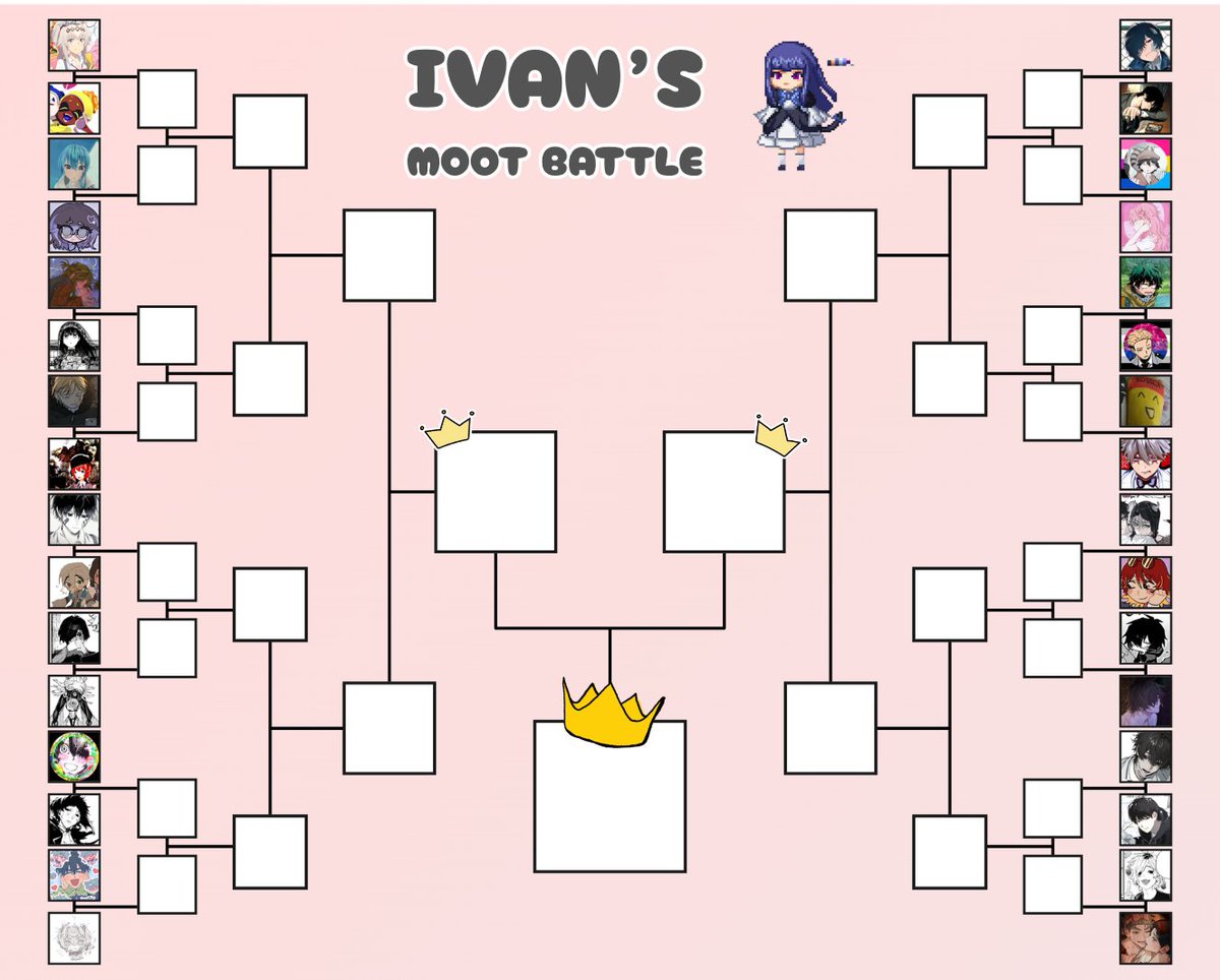 bernkastelite's tweet photo. Welcome to Ivan's moot battle! Thanks to everyone for joining!

Round 1 is officially OPEN!

All 16 polls are in the thread below! (All end in 24hrs)
I highly encourage you to vote on every poll, even if you don't know who they are. 

Good luck to everyone!!! https://t.co/sZNK00pkTf