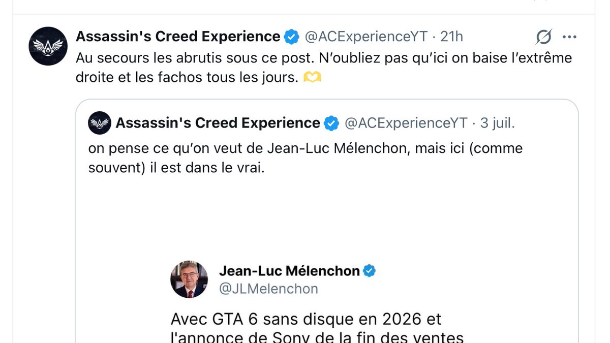 Aa4322A's tweet photo. @ACExperienceYT Donc on est des abrutis si on ne pense pas comme vous ?🤔

« ici on baise l’extrême droite et les fachos tous les jours. »

➡️ Quel rapport ?🤔
➡️ Critiquer ton tweet c'est faire le jeu de l'extrême-droite ? 🤨
➡️ ton petit compte dédié à une franchise de JV ne baise rien du tout https://t.co/GY3RpQYHtI