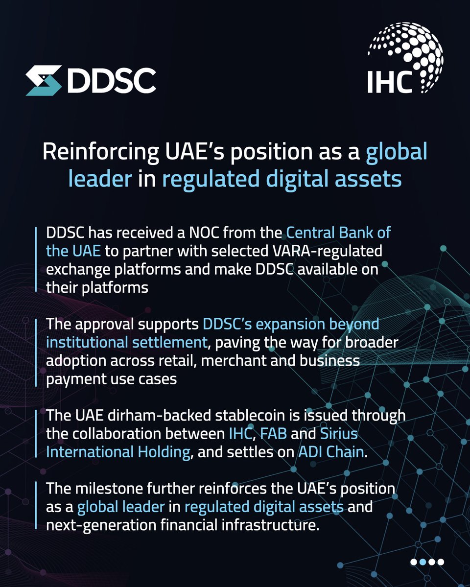 ihc__official's tweet photo. DDSC @DDSCAI, the UAE dirham-backed stablecoin launched by IHC, First Abu Dhabi Bank (FAB) and Sirius International Holding, has received a NOC from the Central Bank of The UAE  (CBUAE) to go live on selected Virtual Assets Regulatory Authority (VARA)-regulated exchange platforms. 

The approval, granted upon fulfilment of the CBUAE's requirements, marks another major milestone in the rollout of DDSC, paving the way for broader adoption of a regulated UAE dirham-denominated digital payment and settlement asset across the UAE’s digital economy.

Read more here: https://t.co/0RSIIEcBGT

#IHC #DDSC #Stablecoin
