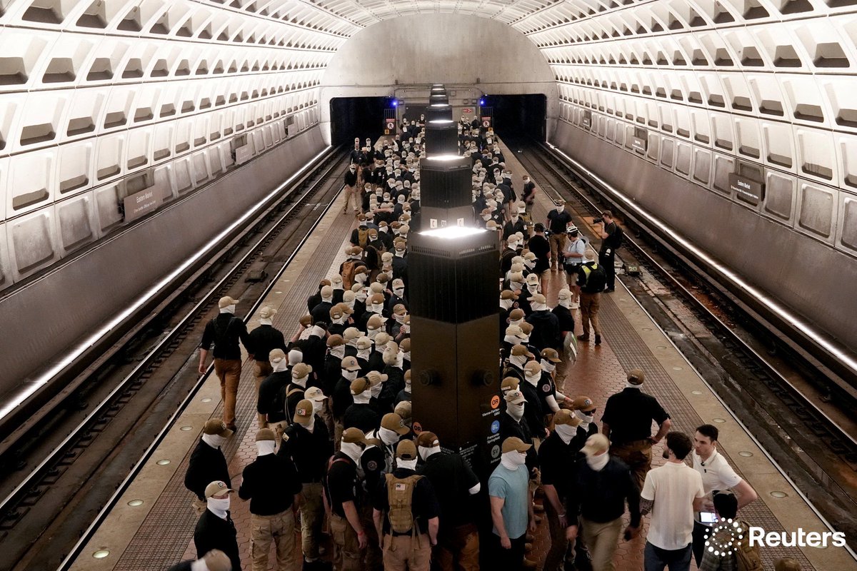 corinne_perkins's tweet photo. Members of the group Patriot Front wait to board the Metro on the 250th anniversary of U.S. independence on the Fourth of July in Washington, D.C. Photo by @orr_photo https://t.co/CRDS6dHQnq