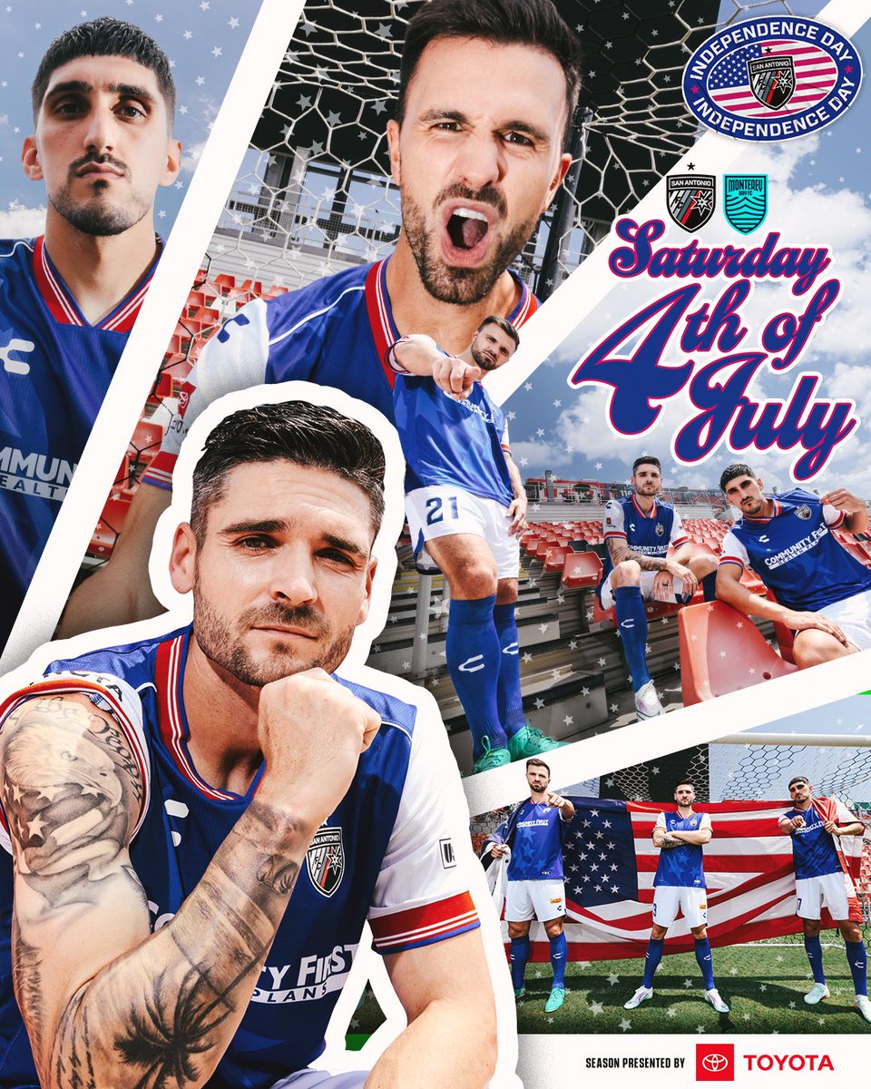 SanAntonioFC's tweet photo. SAFC PLAYS AT HOME TODAY 🇺🇸

🆚 Monterey Bay
📍 Toyota Field
⏰ 8 PM
🌟 Stars &amp; Stripes Kit
🔥 SAFC Grilling Aprons for first 1,000 fans
🌭 $3 hot dogs, $2 soda, $1 beer
🎆 Post-match fireworks show

The team missed you, let's welcome them back in style tonight 🙌 https://t.co/XFT9HXcRzk