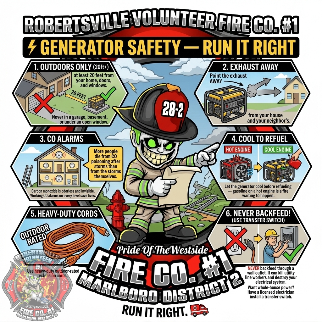 RVFC282's tweet photo. ⚡ Generator rules that save lives:
• Outdoors only, 20+ ft from the house
• Exhaust pointed away
• CO alarms working
• Cool before refueling
• Never backfeed a wall outlet
CO is odorless &amp; deadly. Run it right. 🚒 #GeneratorSafety #COSafety
https://t.co/Hg8uHoWmJL https://t.co/IXgwb5oSvu