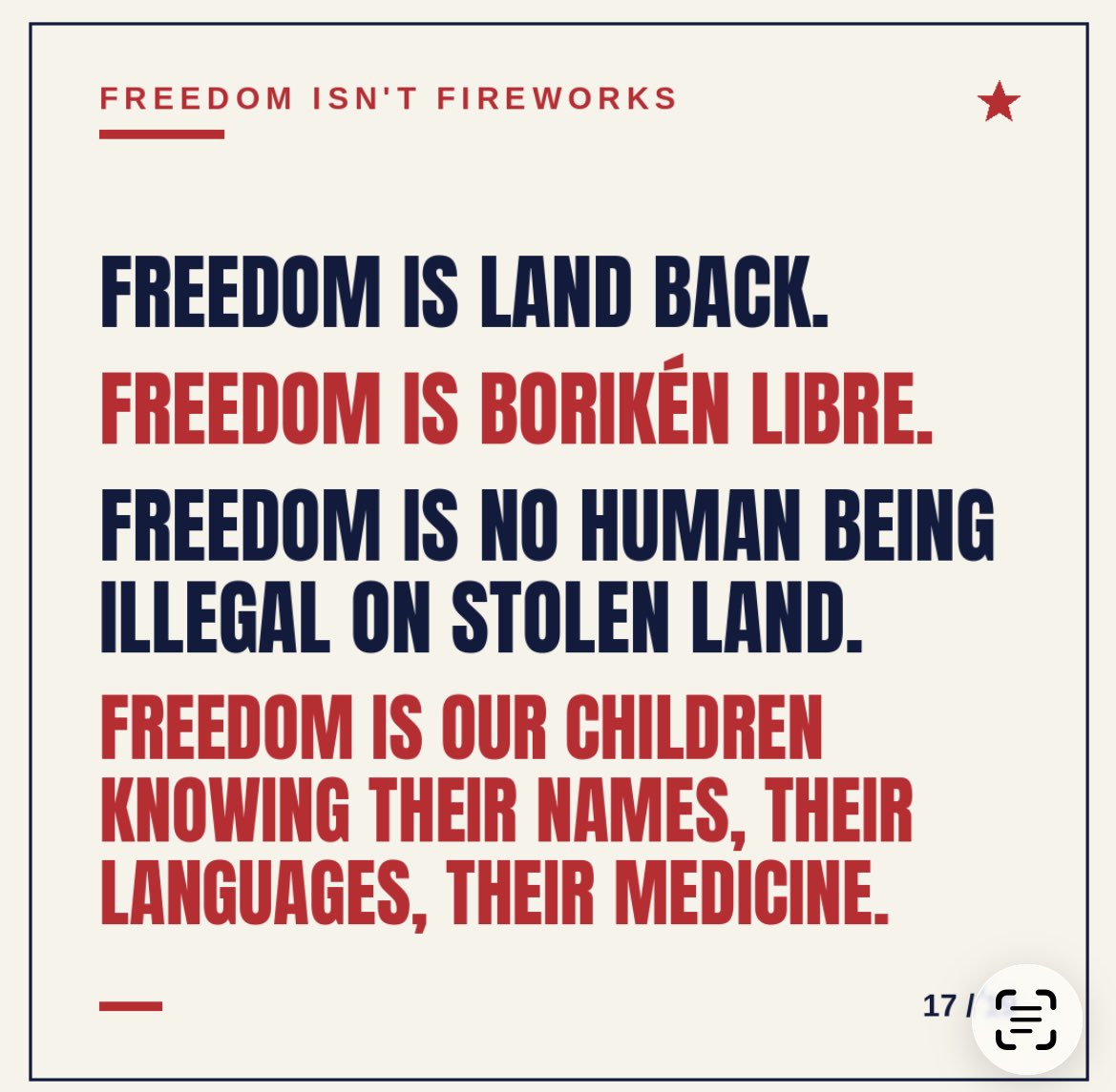 teolol's tweet photo. I DON’T CELEBRATE COLONIZER’S INDEPENDENCE DAY.

Freedom is land back. 
Freedom is Borikén libre. 
Freedom is no human being illegal on stolen land. 
Freedom is our children knowing their names, languages &amp; medicine.

Until ALL of are free, 
none of us are free.
#usa🇺🇸 #4thofjuly https://t.co/16KOeGv0Lk