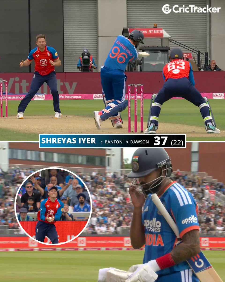 Cricketracker's tweet photo. The India skipper falls at the hands of Liam Dawson, after an impressive cameo in Manchester 👏

📸 - JioStar

#ENGvIND #EnglandCricket #LiamDawson #ShreyasIyer https://t.co/cAflYIcMuS