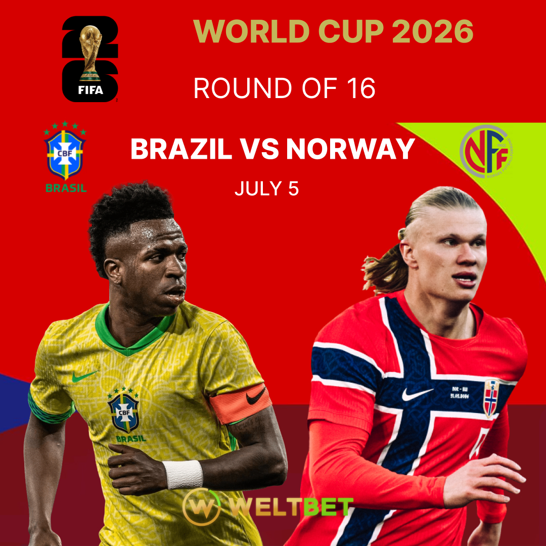 WeltBetDe's tweet photo. #WeltBet
⚽ #WorldCup2026
Round of 16

July 5
Brazil vs Norway

https://t.co/Kb81LRzvgi
#betsport  ⚽ #FWC26 #WeAre26 #Somos26 #FIFAWorldCup #FIFA #GOAT
#ViniciusJ #Brazil #Haaland #Norway https://t.co/XVJZD7mOv1