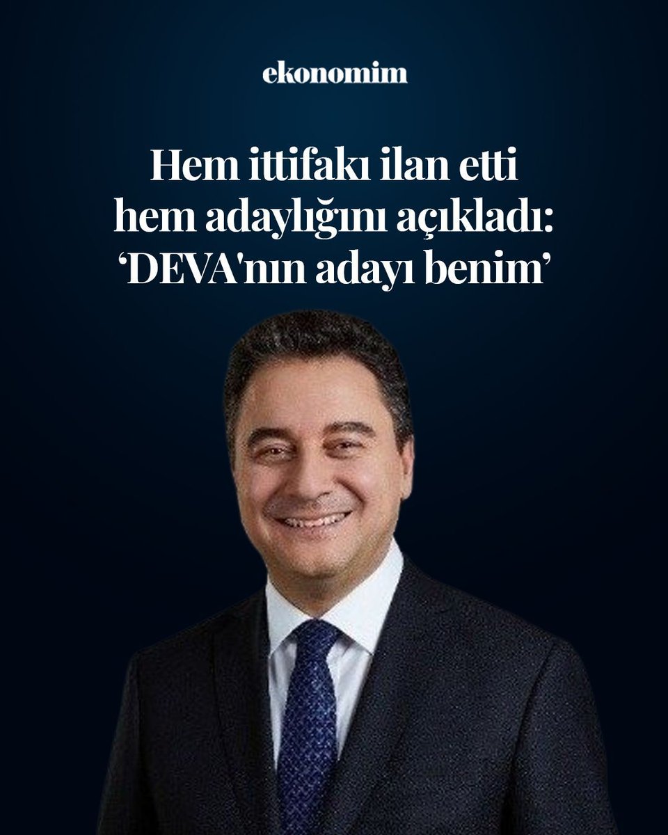 EkonomimCom's tweet photo. 📌 Babacan duyurdu: Yeni ittifak geliyor 

➡️ DEVA Partisi Genel Başkanı Ali Babacan, siyasette taşları yerinden oynatacak yeni bir ittifak modelinin hazırlığı içinde olduklarını açıkladı. Yeniden Refah, Saadet ve Gelecek Partisi'nin de yer alacağı bu yeni ortaklıkta önemli mesafe katettiklerini belirten Babacan, özellikle AK Parti’den uzaklaşan seçmen için güçlü ve güvenilir bir alternatif inşa etmeyi hedeflediklerini söyledi. 

➡️ Ortak liste ve ortak aday seçeneklerinin de masada olduğunu vurgulayan DEVA lideri, cumhurbaşkanlığı adaylığı için ise "DEVA Partisi'nin adayı benim, genel başkanlar doğal adaydır; ancak önceliğimiz bu birlikteliği büyüterek milletin önüne sunmak" ifadelerini kullandı.