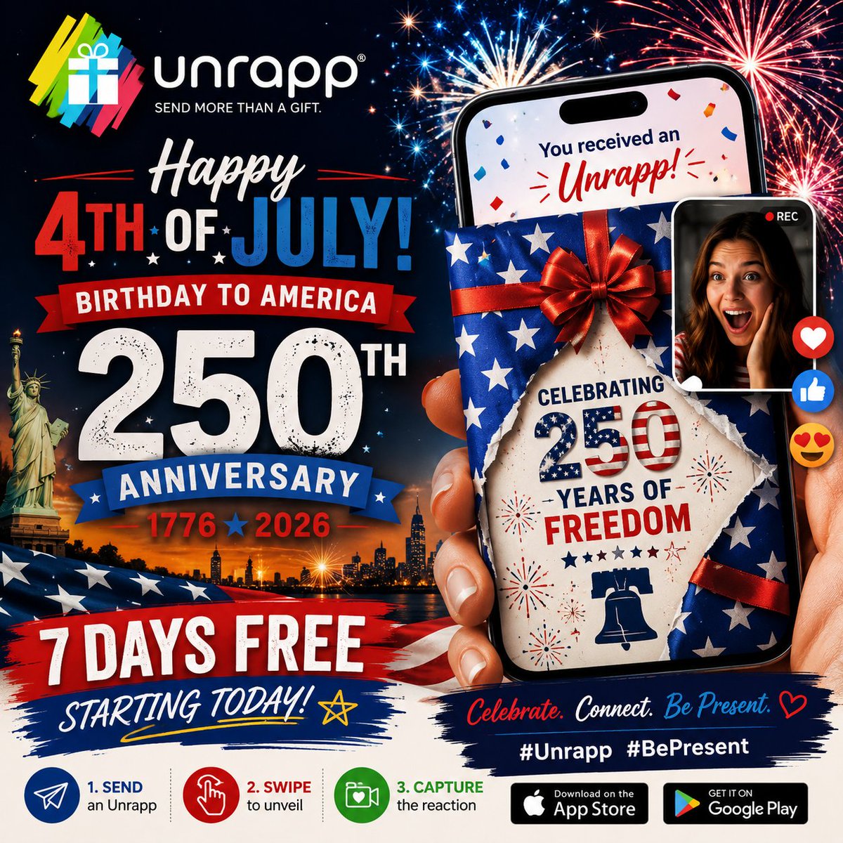 unrappHQ's tweet photo. Happy 250th Birthday, America! 🎉
Celebrate 250 years of freedom by making this Independence Day unforgettable.
🎁 Send an Unrapp to friends.
👆 Swipe to unveil.
📹 Capture their reaction.
✨ Download Unrapp today and enjoy 7 DAYS FREE this week!
#Unrapp #BePresent https://t.co/RRhALTJKrm