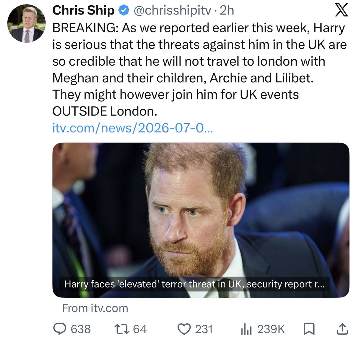 RNN_RoyalNews's tweet photo. London is bad but everywhere in the U.K. is fine? 🙄 The sheer stupidity of all this is insane, and a reminder that Harry and Meghan bring nothing but toxicity and chaos. It’s not worth it, Charles. https://t.co/5QyxYcYdoe