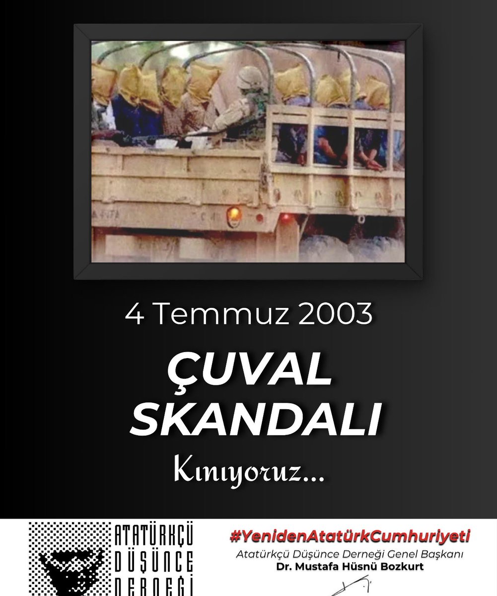 HsnBozkurt's tweet photo. ABD; 1 Mart tezkeresinin kabul edilmemesi sonucu ülkemize 85 bin asker konuşlandırma, limanlarımızı kullanma ve Irak harekâtını topraklarımızdan gerçekleştirme planının suya düşmesi üzerine 4 Temmuz 2003 tarihinde Irak kuzeyi Süleymaniye’de 11 askerimizi başlarına çuval geçirip aşağılayarak esir aldı. 

O güne kadar emsali görülmemiş bu küstahlık karşısında Türkiye Cumhuriyeti hükümeti gereken yanıt şurada dursun, ABD’ye bir nota dahi ver(e)medi, hatta soranlara “Ne notası, müzik notası mı?” denildi.

Bu büyük skandal o dönemde  herkese, 16 Mart 1920’de İstanbul’u resmen işgal eden İngilizlerin Meclis-i Mwbusan’ı basıp mebuslarımızı tutuklayarak Malta’ya götürmeleri üzerine Mustafa Kemal Paşa’nın, henüz ortada devlet, hükümet, meclis, ordu bile yokken Anadolu ve Rumeli Müdafaa-i Hukuk Cemiyeti Heyet-i Temsiliye Reisi  sıfatıyla emir verip derhal Anadolu’daki bütün İngiliz subaylarını, Başbakan Lloyd George’un eşinin kuzeni Yarbay Ravlinson dahil tutuklatması ve ancak Malta’ya götürülen mebuslarımız ile karşılıklı olarak değiştirilmelerini öngören 23 Ekim 1921 Anlaşması’nın imzalanmasından sonra salıvermesi olayını hatırlatmış, acı acı düşündürtmüştür.

Çuval Skandalı’nın 13. yıl dönümünde de ABD küstahlığını şiddetle kınıyorum.

#4Temmuz2003ÇuvalSkandalı
#AtatürkteBirleşmeZamanı
#YenidenAtatürkCumhuriyeti
@add_genelmerkez