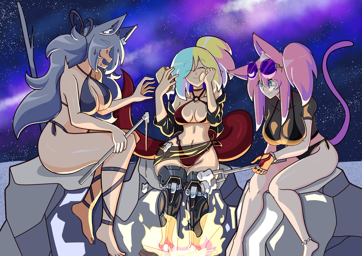 UnlikelyTurtle's tweet photo. Happy  July 4th! Sophie, Noir, and Abbey are making smore's on the beach to celebrate 🎇🎆 https://t.co/T1KgHjLzkw