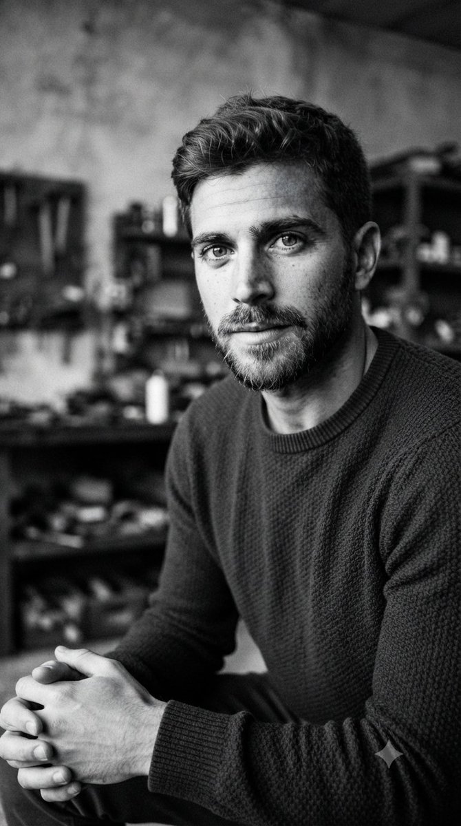 Minahil42298354's tweet photo. Sketching new creative ideas.

Gemini Nano Banana images 

Prompt:
Capture a cohesive photographic series in black and white that showcases a focused craftsman within a rustic workshop. The collection should maintain a consistent, moody aesthetic across all shots. Begin with a direct, engaging portrait of the artisan looking thoughtfully toward the camera with his hands clasped. Follow this with a contemplative scene showing him resting his chin on his hand as he looks off-camera, lost in deep thought. Incorporate a detailed shot of the man actively working on a small, intricate object at his workbench to emphasize precision and manual skill. Conclude the series with a quiet, intimate moment of creation, capturing him as he intently sketches ideas in a notebook with a pencil.