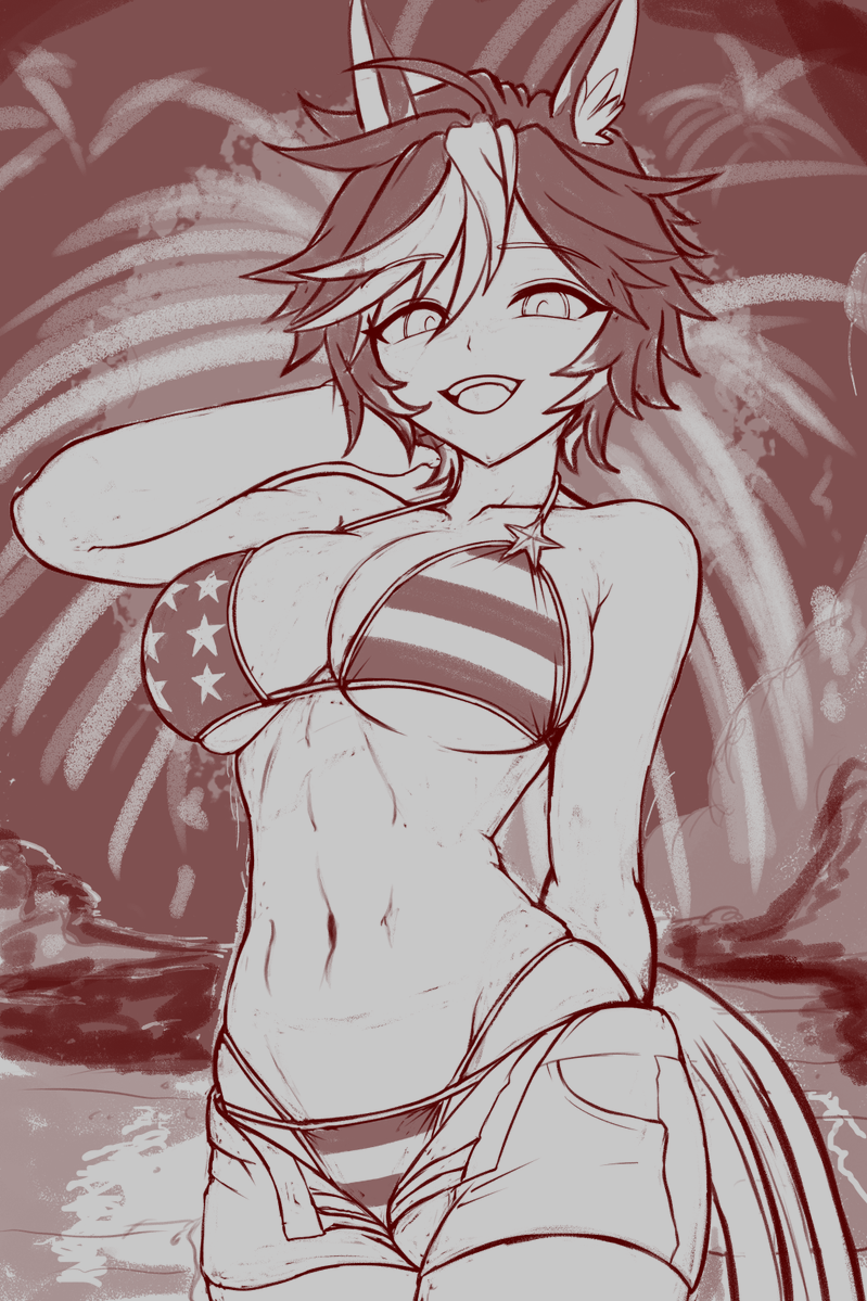 TingleRotunda's tweet photo. I cleaned up Tomoe a little more, defined some undefined parts, and roughed out the idea I have for the background.

Originally I was going to do a sunset, but Independence Day needs FIREWORKS! https://t.co/40q4HrhUVk