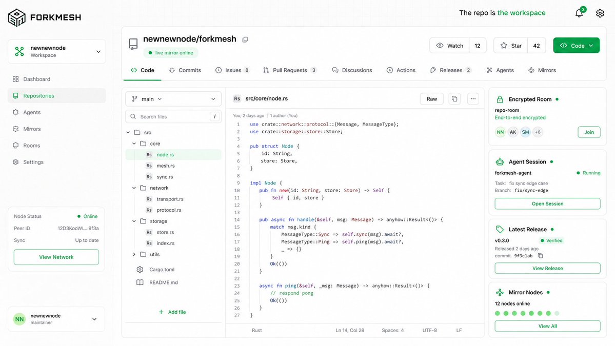 forkmesh's tweet photo. We are not building another static repo page.

ForkMesh is a live developer workspace:
code, commits, issues, PRs, encrypted rooms, releases, agents, and mirrors.

All tied to the repo. https://t.co/sPihO6JdDT