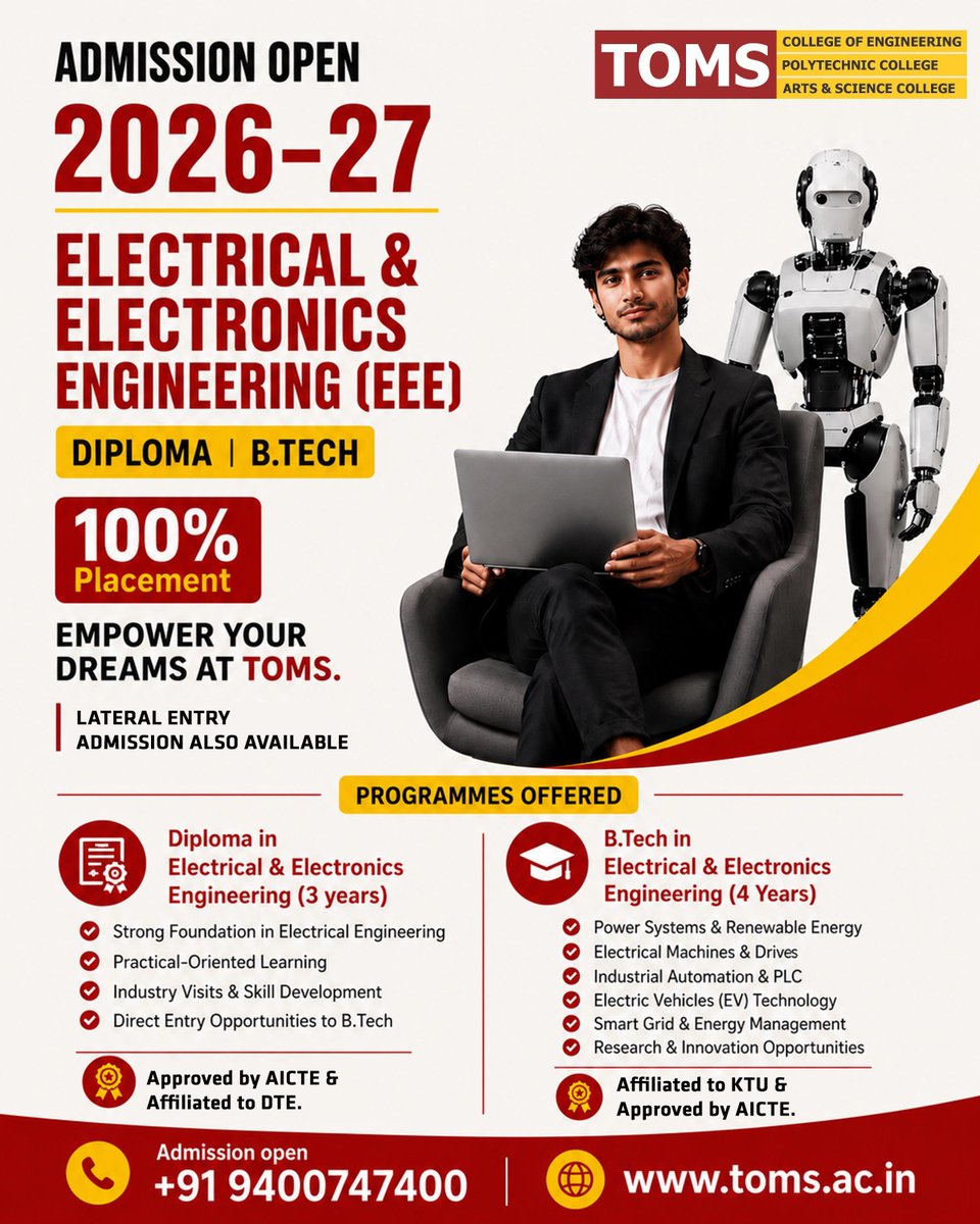 college_toms's tweet photo. ⚡🔌 Power Your Future with
#TOMSCollege #AdmissionOpen2026 #EEE #ElectricalEngineering #ElectronicsEngineering #BTech #Diploma #EngineeringAdmissions #FutureEngineers #IndustrialAutomation #RenewableEnergy #ElectricVehicles #SmartGrid #KeralaEngineering #TOMSAdmissions https://t.co/PtEqBo93yo