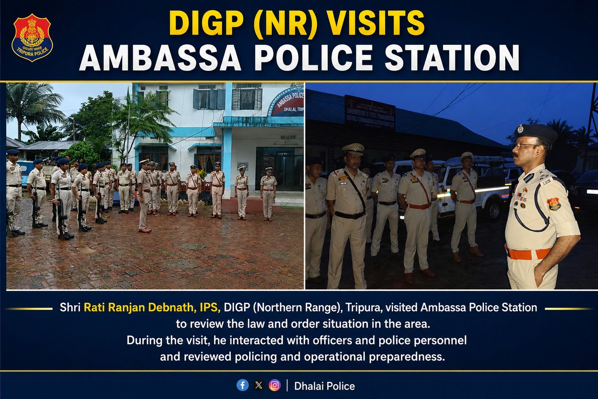 Dhalai_Police's tweet photo. Shri Rati Ranjan Debnath, IPS, DIGP (Northern Range), Tripura, visited Ambassa Police Station to review the law and order situation in the area.

During the visit, he interacted with officers and police personnel and reviewed policing and operational preparedness. https://t.co/a064h2TMCD