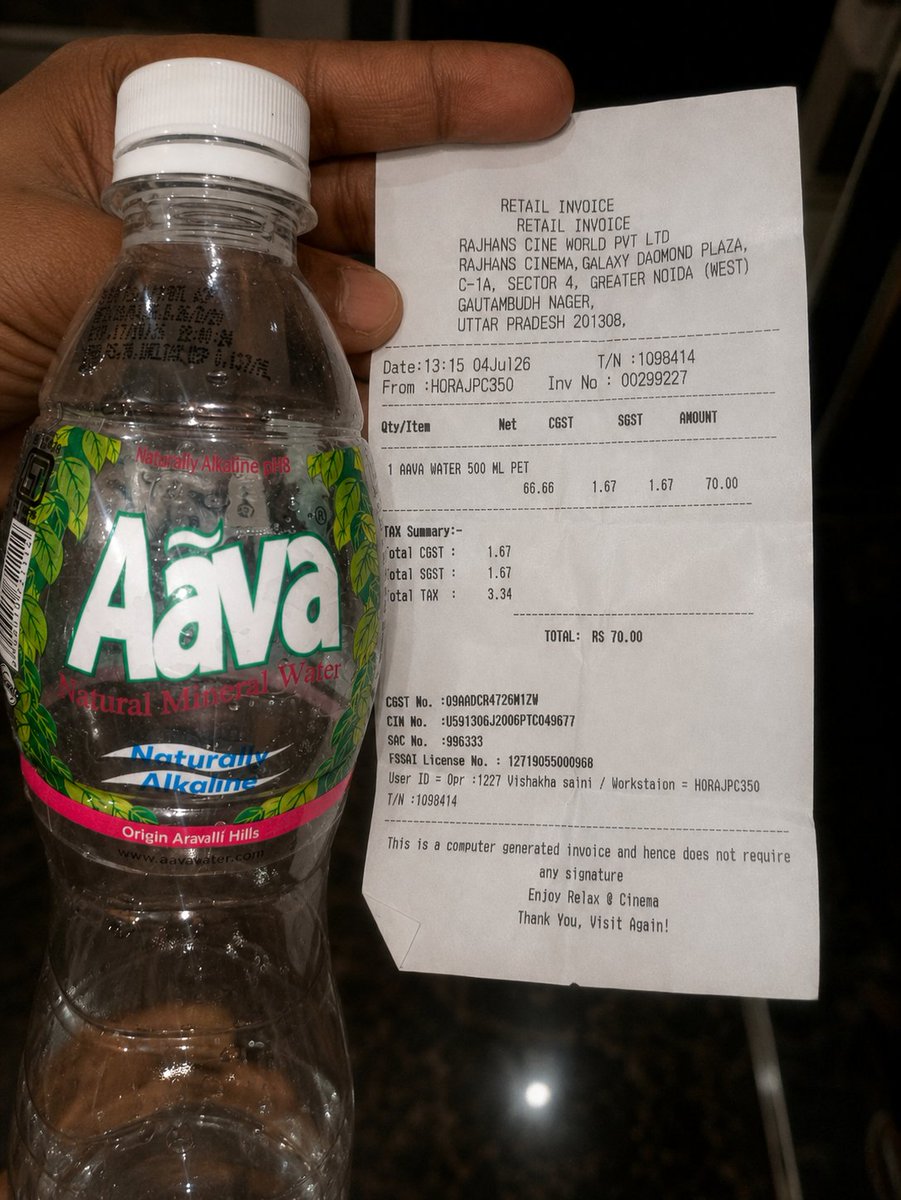ankitkardam07's tweet photo. Paid ₹70 for a 500 ml bottle of water at Rajhans Cinema, Galaxy Diamond Plaza, Greater Noida. Drinking water is a basic necessity, not a luxury. Such excessive pricing inside cinemas puts an unfair burden on customers. Hope the authorities look into this. #WaterPrice https://t.co/s827oL7MTe