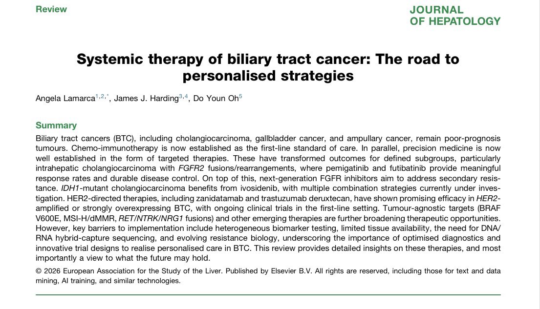 DrAngelaLamarca's tweet photo. An absolute honour @HardingJJMD 😊 

🗞️Just published! 
Our latest review on #targeted therapies in #BiliaryMalignancies in @JHepatology 

https://t.co/79b17kczg0 https://t.co/uSe3K3TNdb