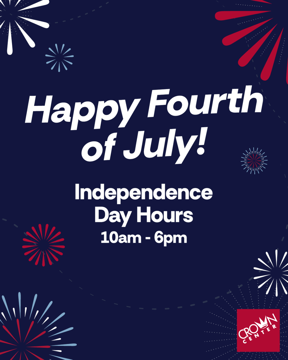 CrownCenter's tweet photo. Spend part of your holiday weekend exploring family-friendly attractions, shopping your favorite stores, grabbing a bite to eat, and enjoying summer fun around the Center. 

⏰ Independence Day Hours: July 4, 2026 | 10 a.m. – 6 p.m.
🚗 Parking available, regular rates apply. https://t.co/lbS6HsdSYB