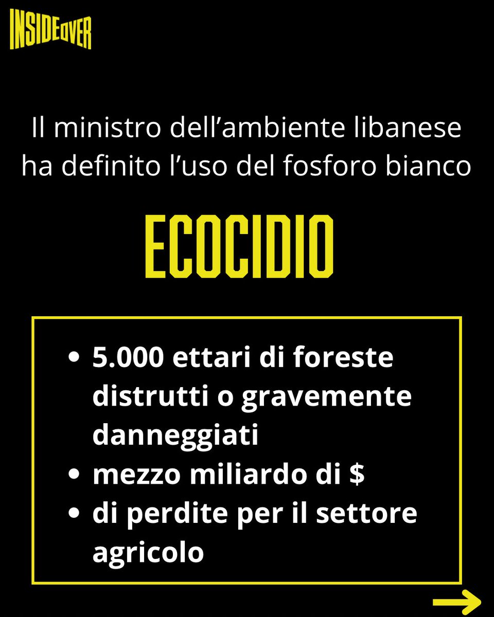 insideoverita's tweet photo. Israele continua a usare il fosforo bianco su aree popolate del Libano. 

L'uso del fosforo bianco contro i civili o in aree ad alta densità civile è severamente vietato dal diritto internazionale ed è considerato un crimine di guerra.

Un’inchiesta del New York Times di giugno 2026 analizza filmati relativi ad attacchi con la sostanza tossica a Nabatieh, nei pressi di Tiro e in altri tre centri abitati del Libano meridionale — Qlayaa, Khiam e Yohmor — tra marzo e maggio 2026.

A queste segnalazioni si aggiunge quella riportata il 28 giugno dal quotidiano libanese L’Orient-Le Jour che ha documentato l’uso di munizioni al fosforo bianco nell’area di Shebaa.

Il New York Times ha chiesto chiarimenti all’esercito israeliano sugli episodi documentati, senza ottenere risposte nel merito. Israele si è limitato a confermare di possedere munizioni al fosforo bianco e a respingere le accuse di un loro impiego contrario al diritto internazionale.

Le organizzazioni per i diritti umani raccontano però un’altra versione. Già nel 2023 Amnesty International documentò l’uso della sostanza tossica nell’area abitata di Dhayra, chiedendo che l’episodio fosse indagato come possibile crimine di guerra. 

A dicembre 2024, un’indagine Osint di InsideOver ha documentato bombardamenti di Israele in Libano con fosforo bianco, geolocalizzandone la posizione.

A marzo 2026 Human Rights Watch ha denunciato un nuovo attacco con fosforo bianco a Yohmor.

Secondo la Delft University of Technology tra ottobre 2023 e novembre 2024 Israele ha usato più di  247 volte il fosforo bianco nel Libano meridionale.

Il 39% degli attacchi ha colpito aree residenziali, il 17% terreni agricoli e il restante 44% aree boschive o aperte.

Dal campo la reporter @cbonneauimages l continua a documentare attacchi israeliani al fosforo bianco su aree civili Libano del sud.

Le conseguenze sono devastanti non solo sul piano umano. Il ministro dell’Ambiente libanese parla di “ecocidio” in un rapporto che stima oltre 5.000 ettari di foreste distrutti o gravemente danneggiati. 

Leggi al link in stories l’approfondimento di @Larissa Remenyi

#lebanon #whitephosforus