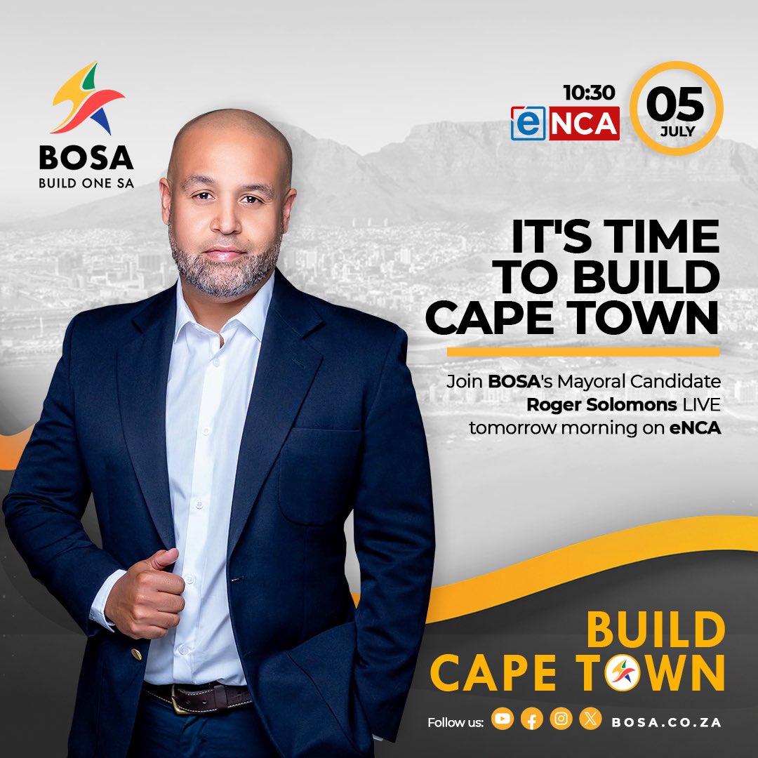 BuildOneSA's tweet photo. Join Roger Solomons, BOSA’s Mayoral Candidate, for a critical conversation on Cape Town’s future.

Don’t miss it: 5th July 2026 | ⏰ 10:30 AM | 📺 LIVE on eNCA

#TheNextChapter
#Build
#Roger4Mayor https://t.co/xtulm8CvoH