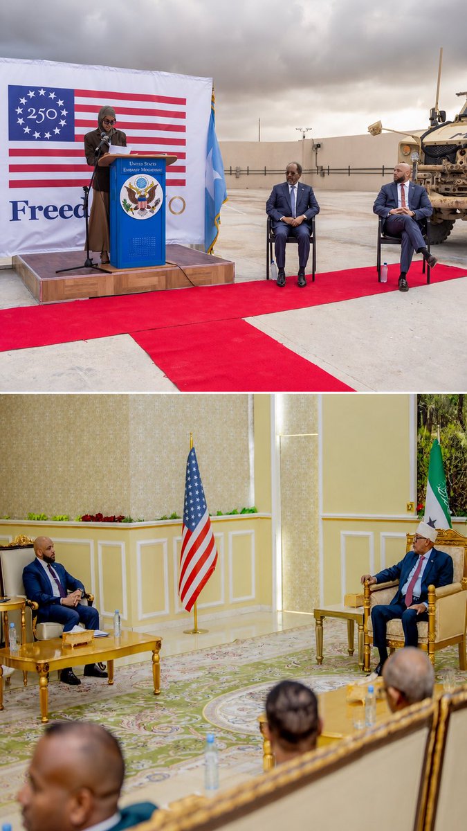 CabdulfataaxD's tweet photo. Who looks more presidential here: the man called into a small event inside a heavily guarded compound, surrounded by tanks, or the man receiving a visit, in the comfort of his own palace, from the same host who had invited that embattled president? Meesha kama tage, waxna kuma tare!