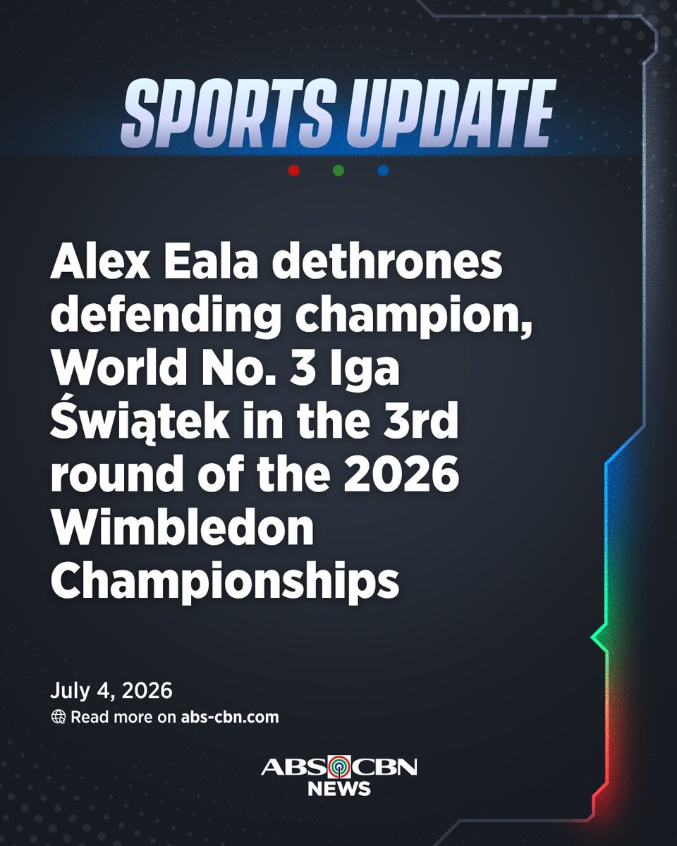 ABSCBNNews's tweet photo. HER-STORY CONTINUES! 🇵🇭💪🏼
 
JUST IN: Alex Eala dethrones defending champion and World No. 3 Iga Swiatek, 7-6(9), 6-2, in the third round of the 2026 Wimbledon Championships.
 
This marks another triumph for the Filipina ace against a top 10 player, and her second win over the Polish star. | via @kennedyzcaacbay