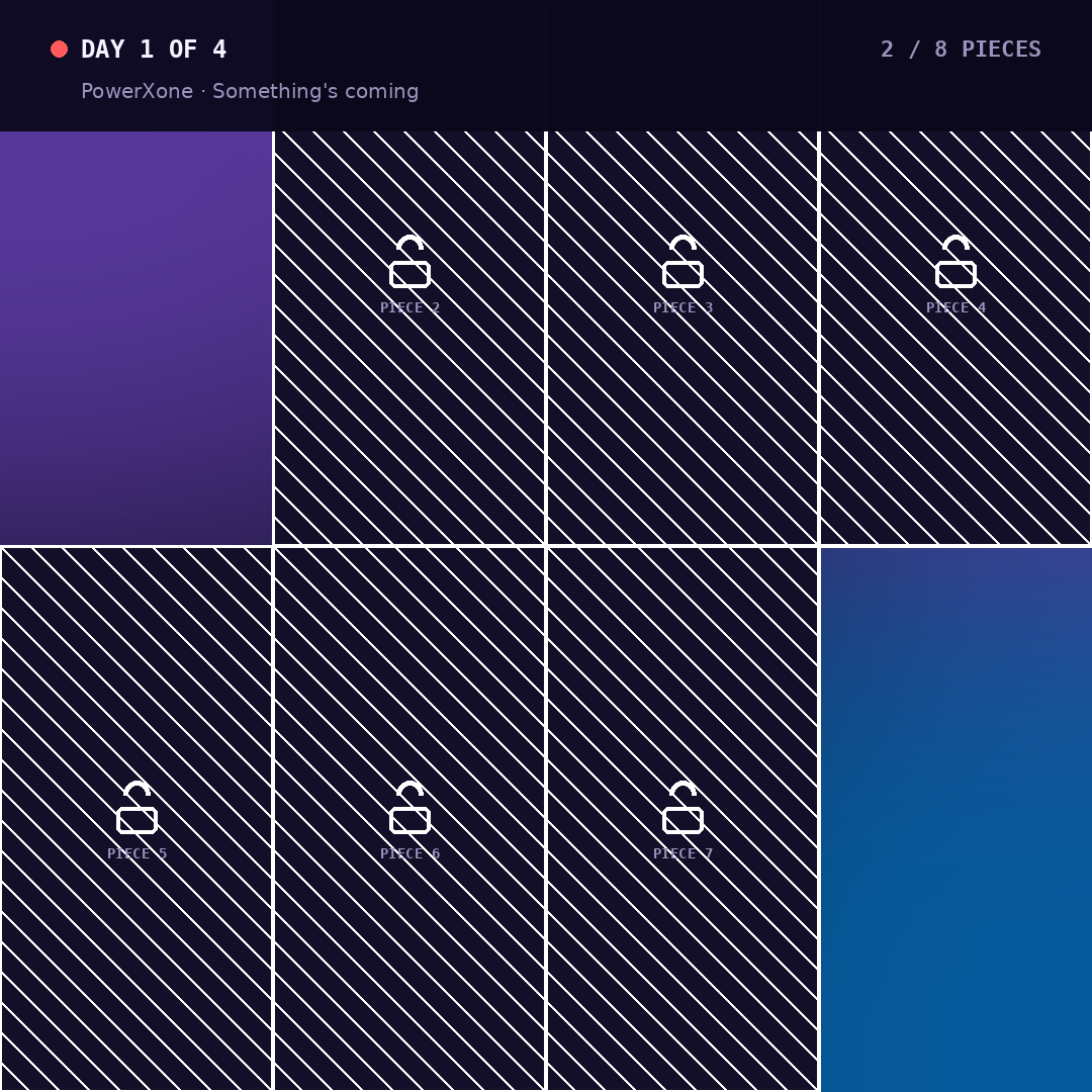 Powerxonewallet's tweet photo. Something BIG is coming to PowerXone. 🧩

Dropping a puzzle piece every day this week.

2/8 unlocked. Guess what's forming 👇

👉 PowerXone
#PowerXone #Web3 #Crypto #PWX https://t.co/sv23G34Qga