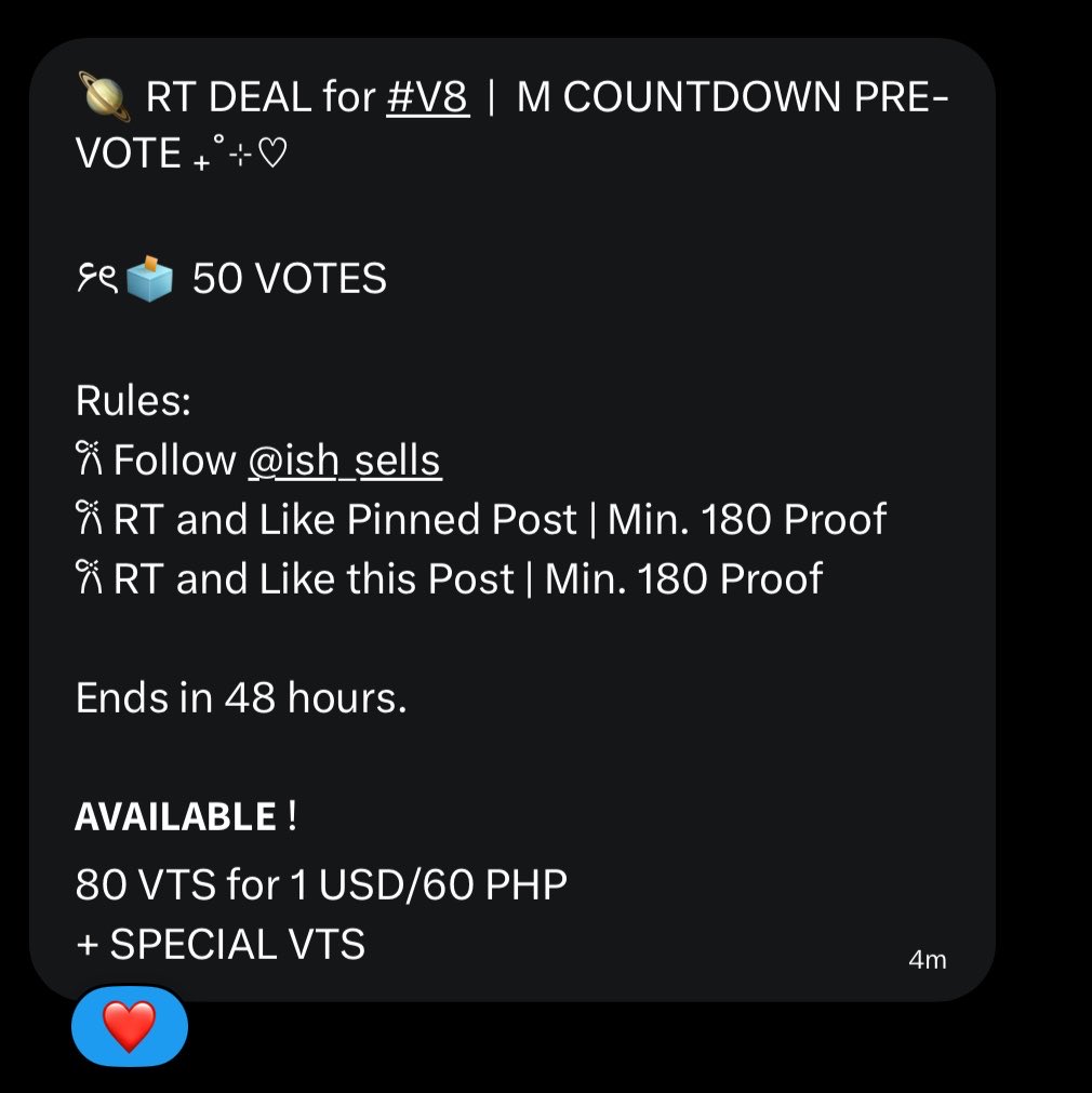 haocattos's tweet photo. 🪐 RT DEAL for #V8  |  M COUNTDOWN PRE-VOTE ₊˚⊹♡

۶ৎ🗳 50 VOTES

Rules:
𐙚 Follow @ish_sells
𐙚 RT and Like Pinned Post | Min. 180 Proof
𐙚 RT and Like this Post | Min. 180 Proof

Ends in 48 hours.

𝗔𝗩𝗔𝗜𝗟𝗔𝗕𝗟𝗘 !
80 VTS for 1 USD/60 PHP 
+ SPECIAL VTS https://t.co/ytO7QUsyJC