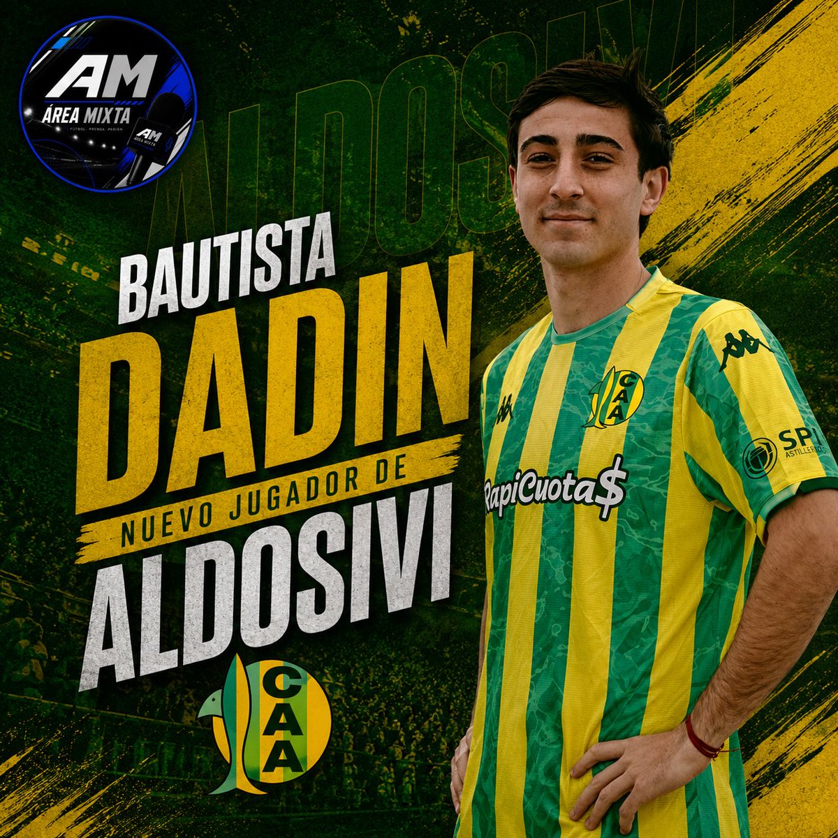 AMFUTBOLARG's tweet photo. 🚨 OFICIAL: BAUTISTA DADÍN ES NUEVO JUGADOR DE ALDOSIVI 🟢🟡🦈

Aldosivi continúa moviéndose en el mercado de pases y confirmó la incorporación de Bautista Dadín, delantero de 20 años que llega a préstamo desde River Plate para reforzar el ataque del equipo marplatense.

⚽ Dadín es uno de los jóvenes con mayor proyección surgidos de las divisiones inferiores del Millonario. Se desempeña como centrodelantero, aunque también puede jugar por todo el frente de ataque. Destaca por su potencia física, movilidad dentro del área y capacidad goleadora.

✍️ El atacante firmó su vínculo con el Tiburón a préstamo hasta diciembre de 2026, con el objetivo de sumar minutos y continuar su crecimiento en la máxima categoría del fútbol argentino.

Con esta incorporación, Aldosivi apuesta por juventud y proyección para fortalecer su plantel de cara a la segunda parte de la temporada, buscando aumentar su poder ofensivo y seguir siendo competitivo en la Liga Profesional.

💬 ¿Qué te parece la llegada de Bautista Dadín? ¿Creés que puede convertirse en una de las revelaciones del campeonato?

#Aldosivi #Tiburón #MercadoDePases #BautistaDadín #RiverPlate #LigaProfesional #FútbolArgentino #Refuerzo #MarDelPlata #ÁreaMixta