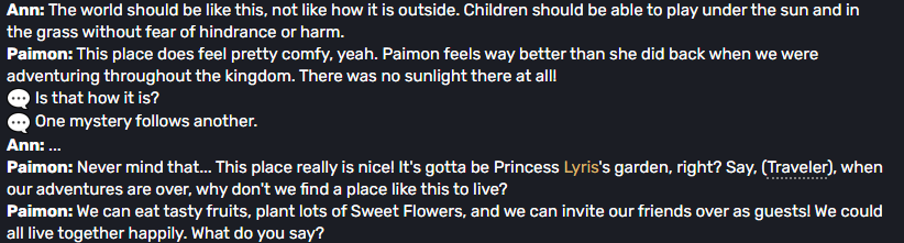 marionettesbook's tweet photo. I'm reminded of a conversation in "The Real Annapausis," where Paimon says after their traveling is done, they can settle in a house, grow flowers, and invite guests over.

It feels fitting that this becomes Sandrone's wish in the place Annapausis is based off of. https://t.co/Vkz0hpwDcc