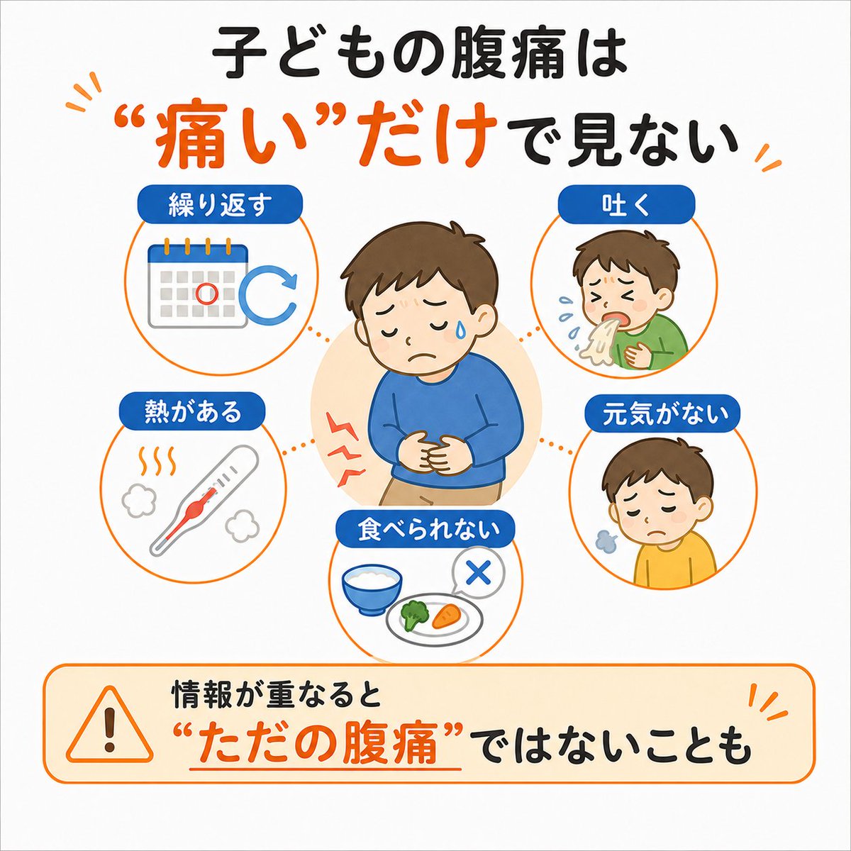 Cubec_usertips's tweet photo. 子供の場合は？

子供の腹痛で大事なのは、
痛いかどうかだけではありません。

繰り返す
吐く
熱がある
元気がない
食べられない

こういう情報が重なると、
“ただの腹痛”ではないことがあります。 https://t.co/gmWBOxrK0V