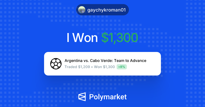 RGaychyk's tweet photo. I just won $1,300.00 on @Polymarket!

Join me and put your money where your mouth is: https://t.co/T3EvXPILap https://t.co/VBi67C9NOv
